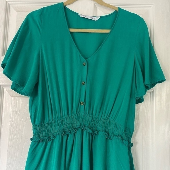 ZARA Green Smocked Waist Short Sleeve Romper Size Small - Picture 5 of 8
